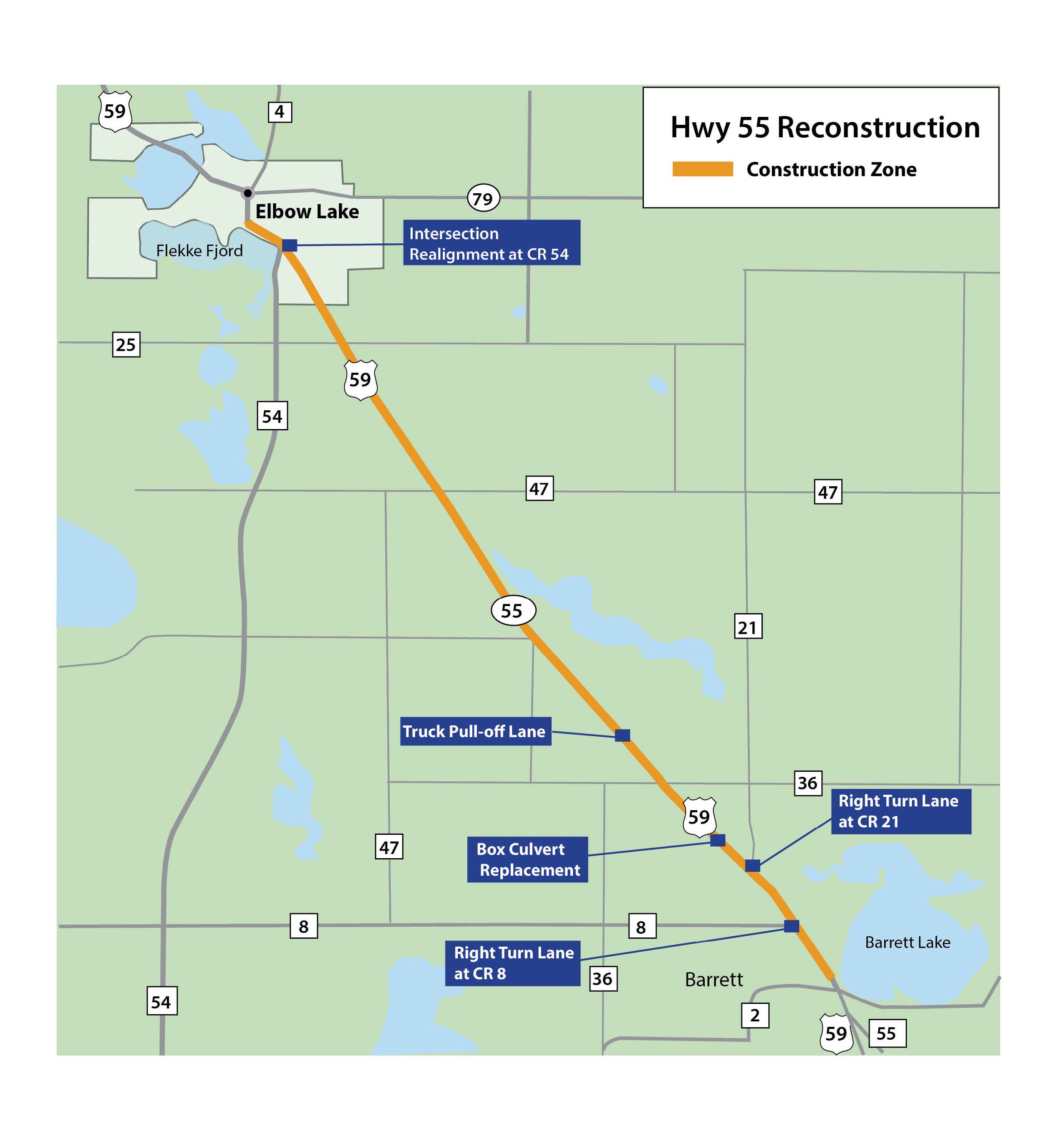 Map shows Highway 55/59 project work zone